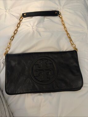 Tory Burch Black Leather Logo Chain Shoulder Bag